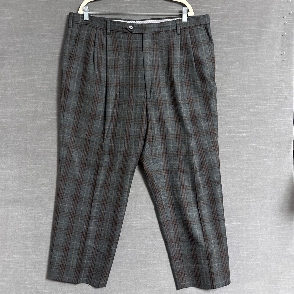 Berle Pants 40 Green Brown Plaid Wool Pleated Dress Trousers Classic Prep Casual